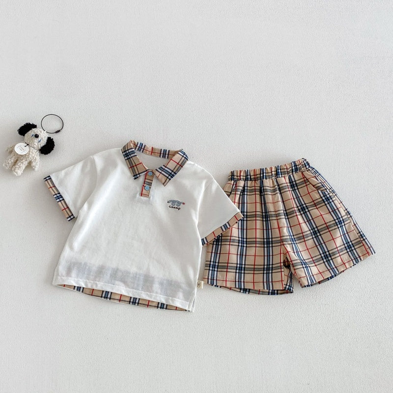 【BABY&KID】夏新作韓国風刺繍ロゴ半袖Tシャツ、チェックショートパンツSK105023