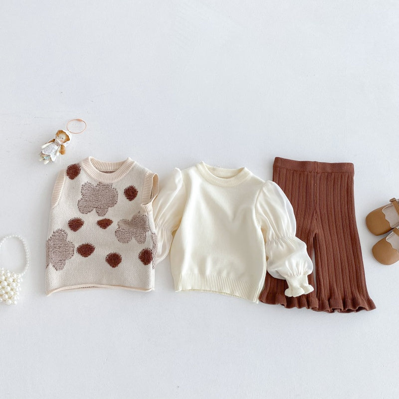 【BABY&KID】花柄ベスト&パフ袖トップス&ニットパンツ3点セットSK100332
