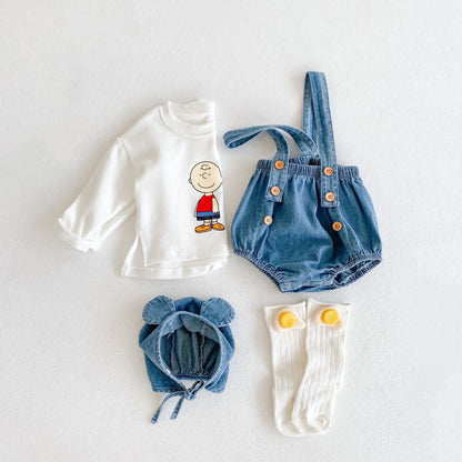 【BABY】デニムサロペロンパース＆クマ耳帽子&ＴシャツSK031801