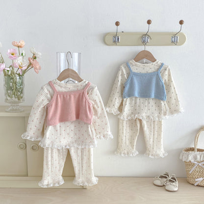 【BABY】花柄レース付きセットアップ＆ベスト3点セットSK092416
