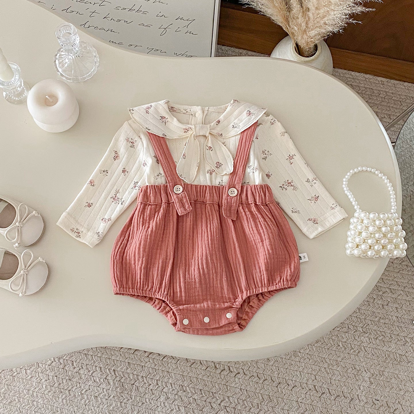 【BABY】リボン結び小花柄トップス&サロペットロンパースSK100440