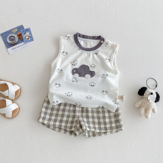 【BABY&KID】夏新作 車ロゴノースリーブ、チェックパンツSK080612