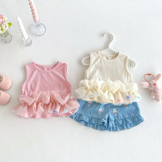 【BABY&KID】夏新作 スイートノースリーブトップス、デニムパンツSK080616