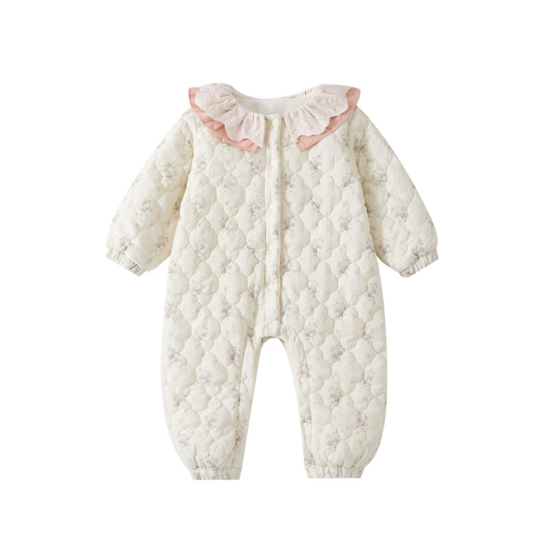【BABY】冬新作花柄フリル襟キルティング裏起毛カバーオールSK102717