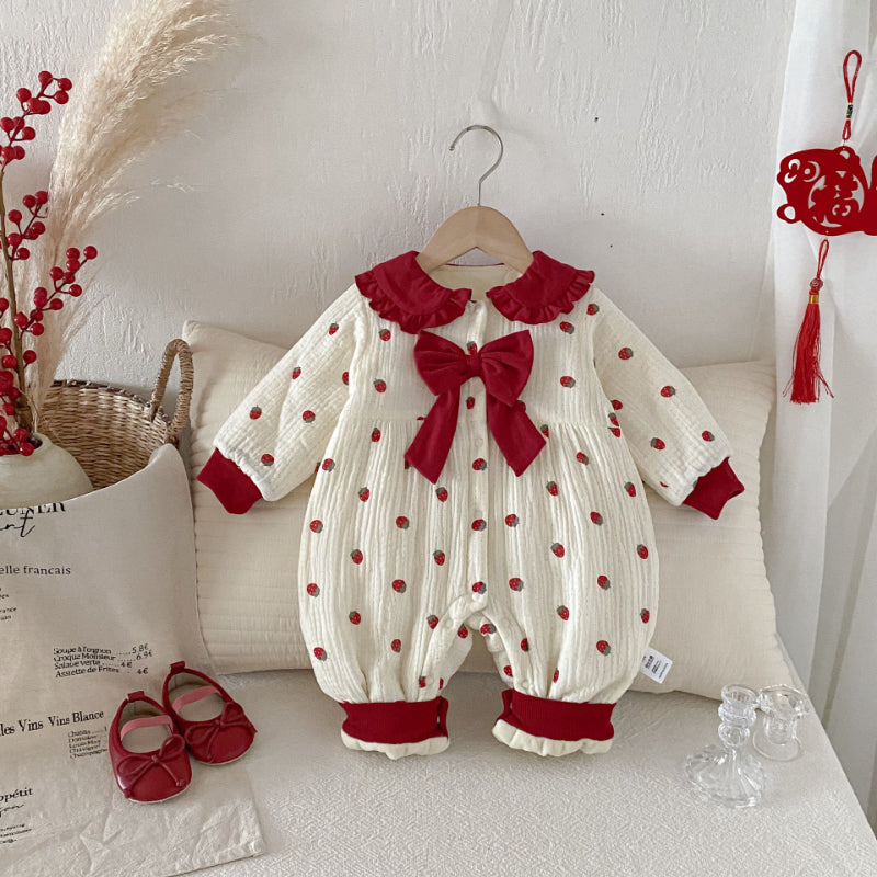 【BABY】冬新作大きなリボン付きいちご裏起毛カバーオールSK102711