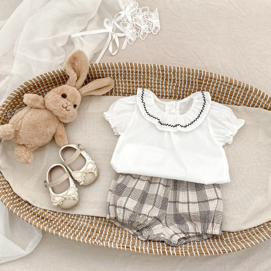 【BABY&KID】夏新作 刺繍フリル襟トップス＆チェックショートパンツSK081524