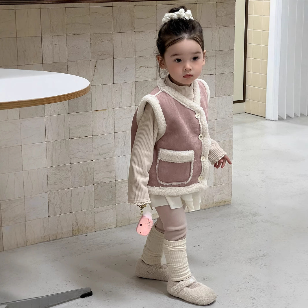 【BABY&KID】もこもこ暖かいベスト、 無地暖かいTシャツ、裏起毛レギンスSK021506