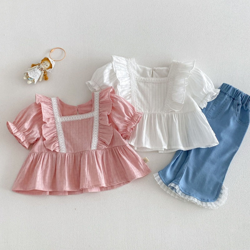 【BABY&KID】夏新作 フリルスリーブスクエアネックブラウス、デニムパンツSK105216