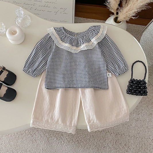 【BABY】チェックレースブラウス、ベージュワイドパンツSK101430