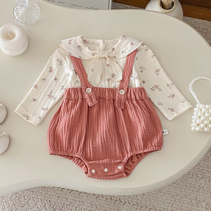 【BABY】リボン結び小花柄トップス&サロペットロンパースSK100440