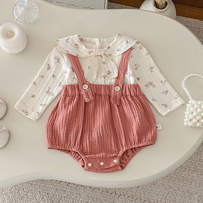 【BABY】リボン結び小花柄トップス&サロペットロンパースSK100440