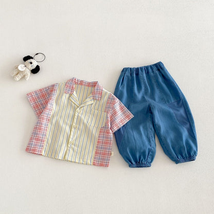 【BABY&KID】夏新作韓国風ストライプ半袖シャツ、デニムパンツSK104824