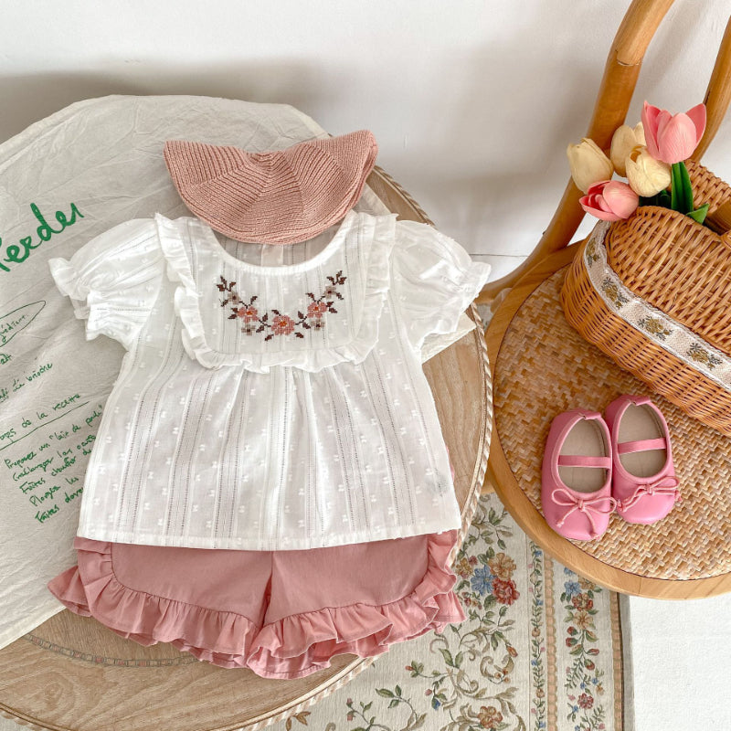 【BABY】夏新作 刺繍入りパフスリーブトップス＆フリルショートパンツセットアップSK071919
