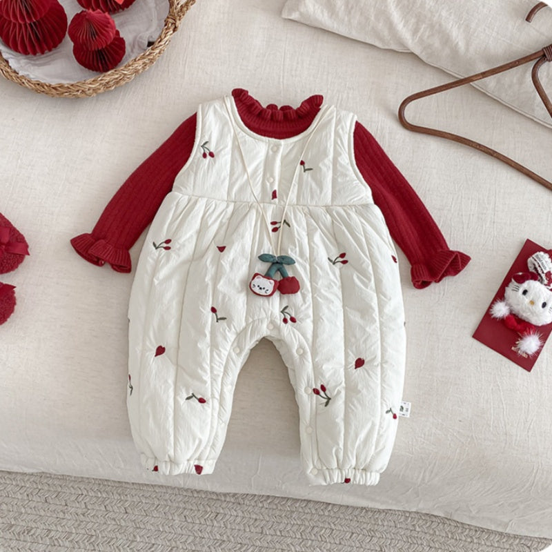 【BABY】冬新作チェリー刺繍キルティングカバーオールSK103109