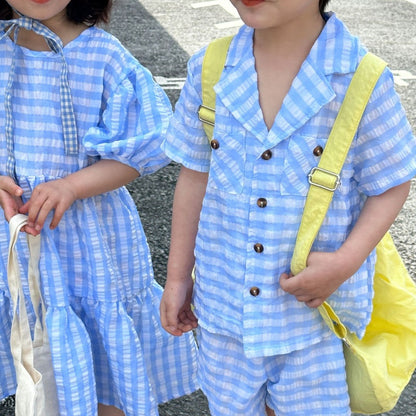 【BABY&KID】夏新作 ブルーチェックセットアップ、ワンピースSK072110