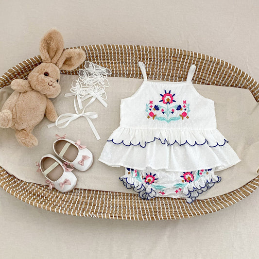 【BABY&KID】夏新作 フラワー刺繍キャミセットアップSK081608