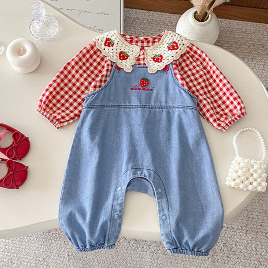 【BABY】いちごチェックブラウス&いちご刺繍サロペットSK100804