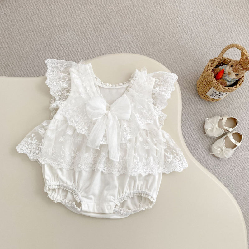 【BABY】夏新作 蝶結びホワイトレースロンパースSK072202