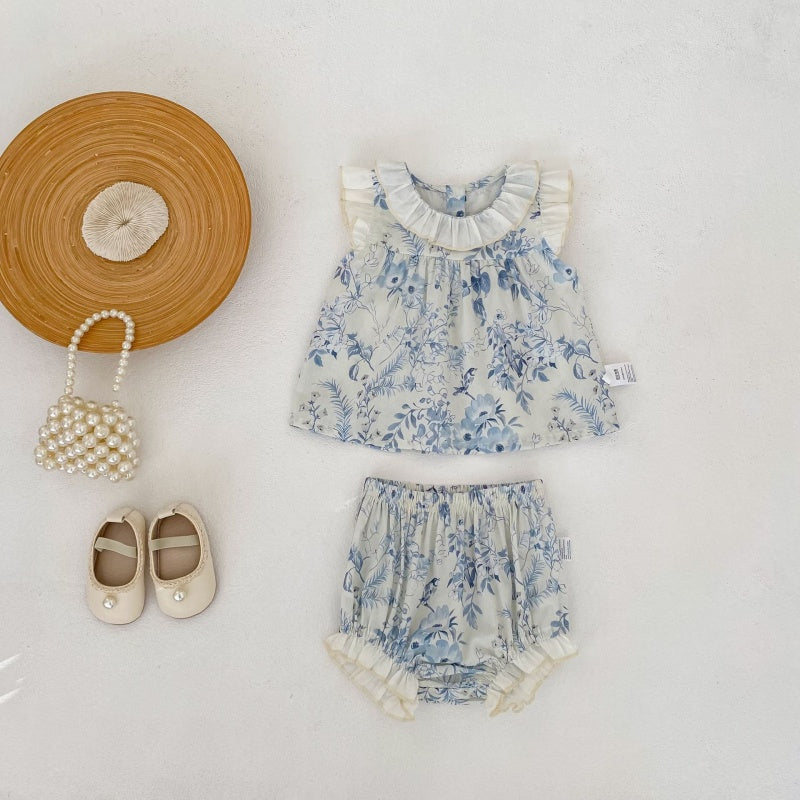 【BABY&KID】夏新作 ラウンドネックフリルスリーブ小花柄セットアップSK104928