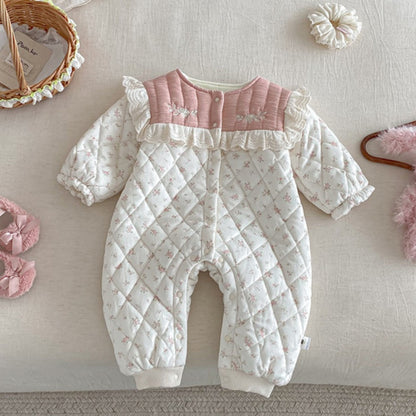 【BABY】冬新作小花柄キルティング フリルカラーカバーオールSK103101