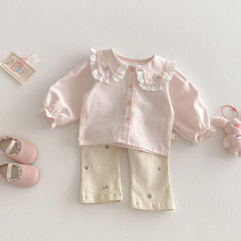 【BABY&KID】夏新作 ピンク刺繍ブラウス、刺繍フレアパンツセットSK070610