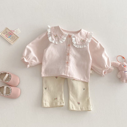 【BABY&KID】夏新作 ピンク刺繍ブラウス、刺繍フレアパンツセットSK070610