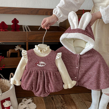 【BABY】冬新作ハート刺繍あったかロンパース、うさ耳あったかケープSK103113