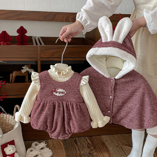 【BABY】冬新作ハート刺繍あったかロンパース、うさ耳あったかケープSK103113