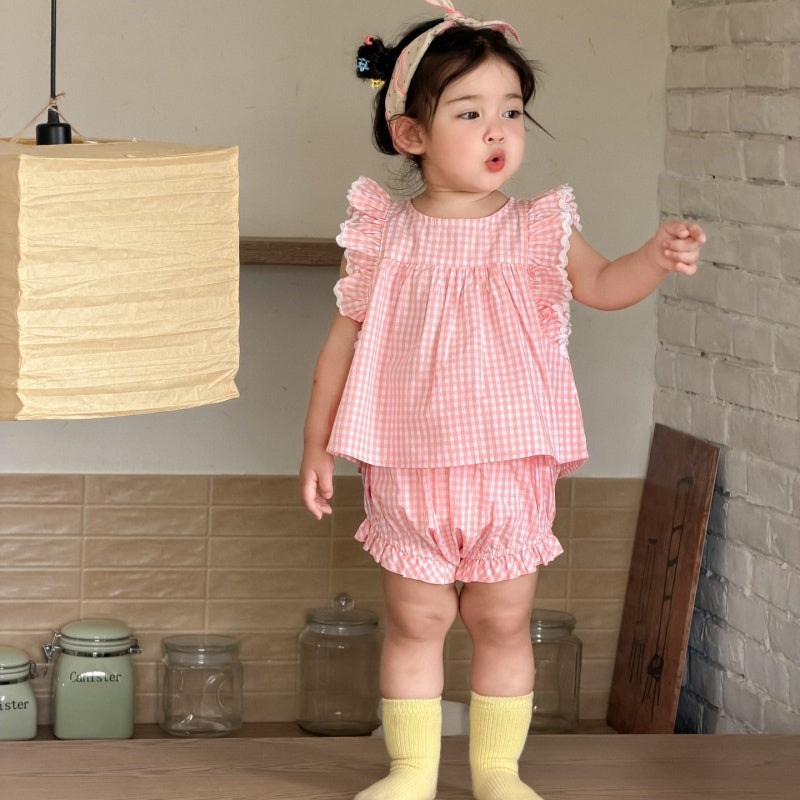 【BABY&KID】夏新作フリルスリーブチェックセットアップSK105713