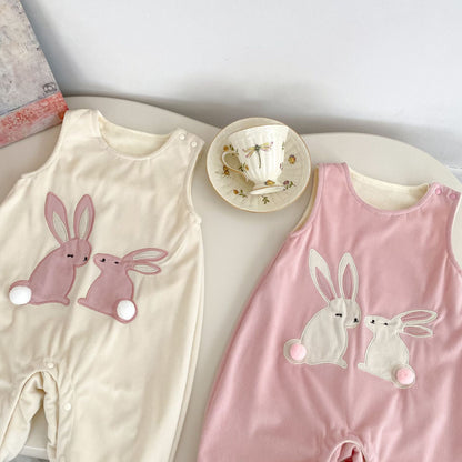 【BABY】うさぎ刺繍裏起毛サロペット、レーストップスSK101423