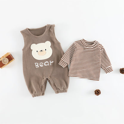 【BABY】冬新作 裏起毛サロペットパンツ＆ボーダーインナーSK102414