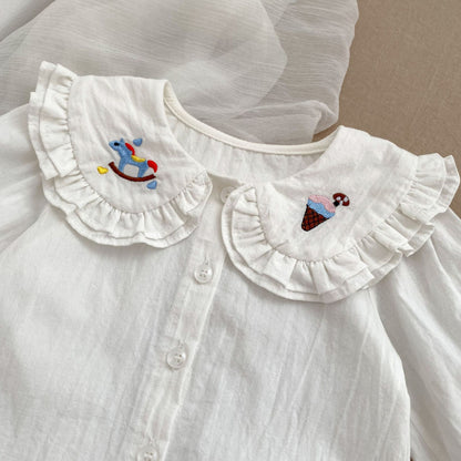 【BABY&KID】くま刺繍ジャンパースカート、カートゥーン刺繍襟ブラウスSK100841