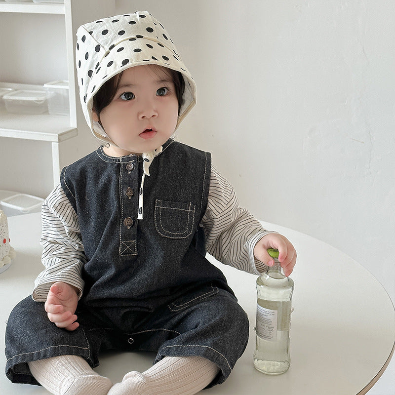 【BABY】英字プリントデニムサロペット、ボーダーTシャツSK010327