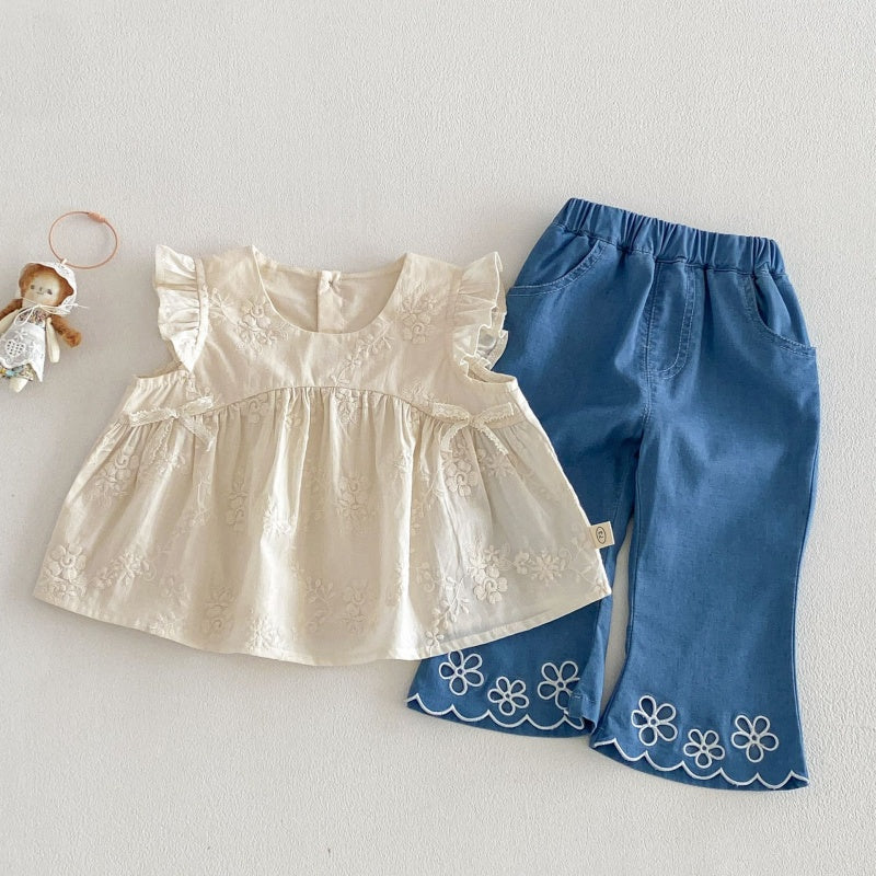 【BABY&KID】夏新作 ジャカードフリルスリーブブラウス、刺繍デニムパンツSK105215