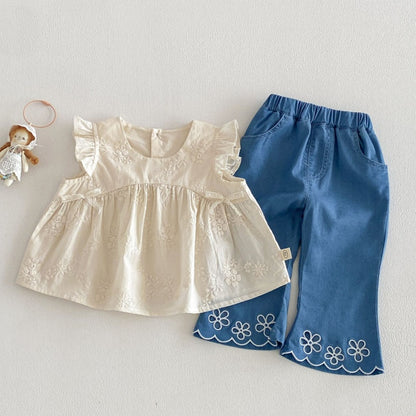 【BABY&KID】夏新作 ジャカードフリルスリーブブラウス、刺繍デニムパンツSK105215