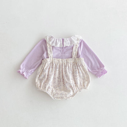 【BABY】レース襟Tシャツ＆うさぎサロペットロンパースSK092303
