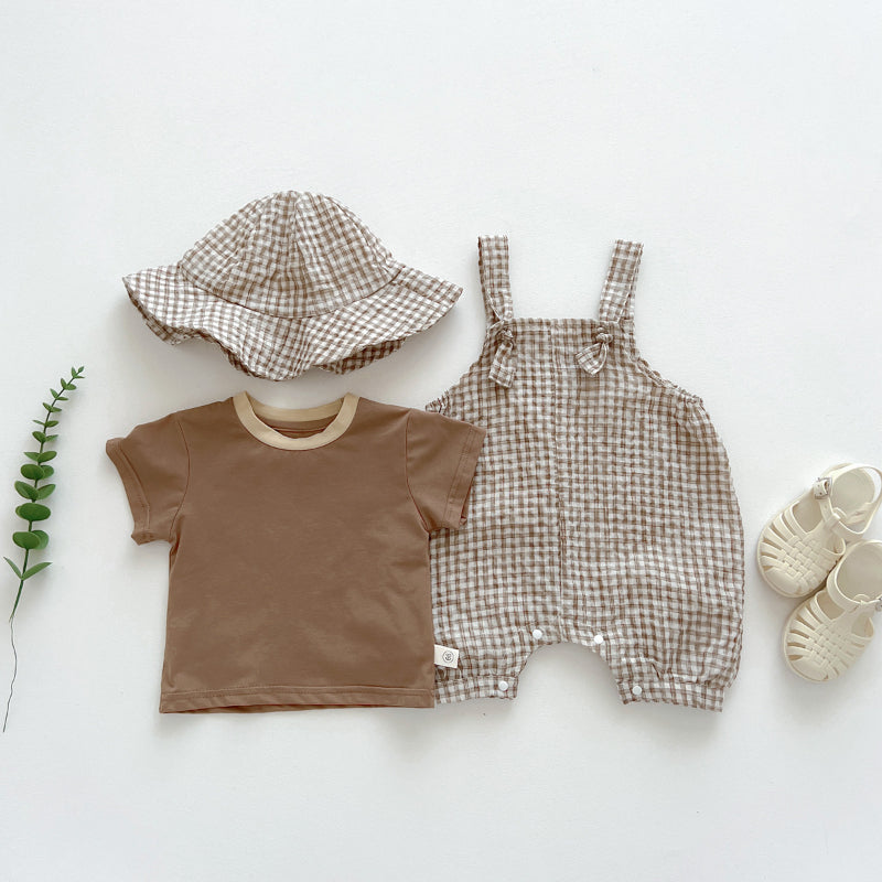 【BABY】夏新作 帽子付きチェックサロペット＆シャツ3点セットSK062602
