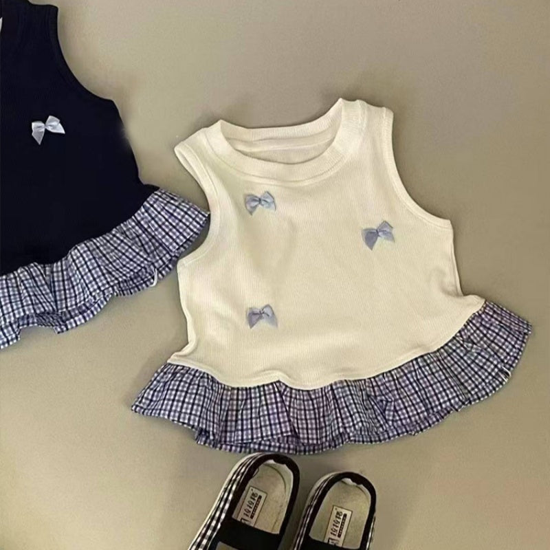 【BABY&KID】夏新作 蝶結び切替チェックフリルトップスTシャツSK092227