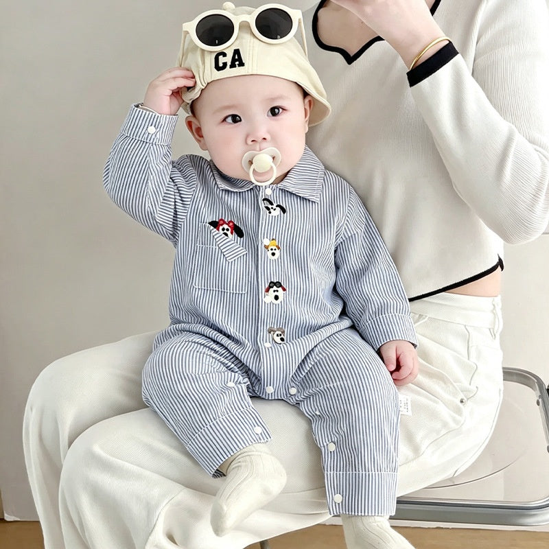 【BABY】ブルーピンストライプいぬ刺繍カバーオールSK106713