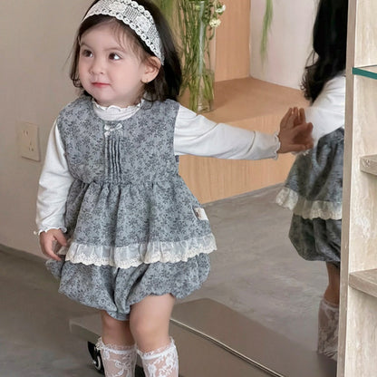 【BABY】小花柄レーストリムベスト＆バルーンパンツSK103705