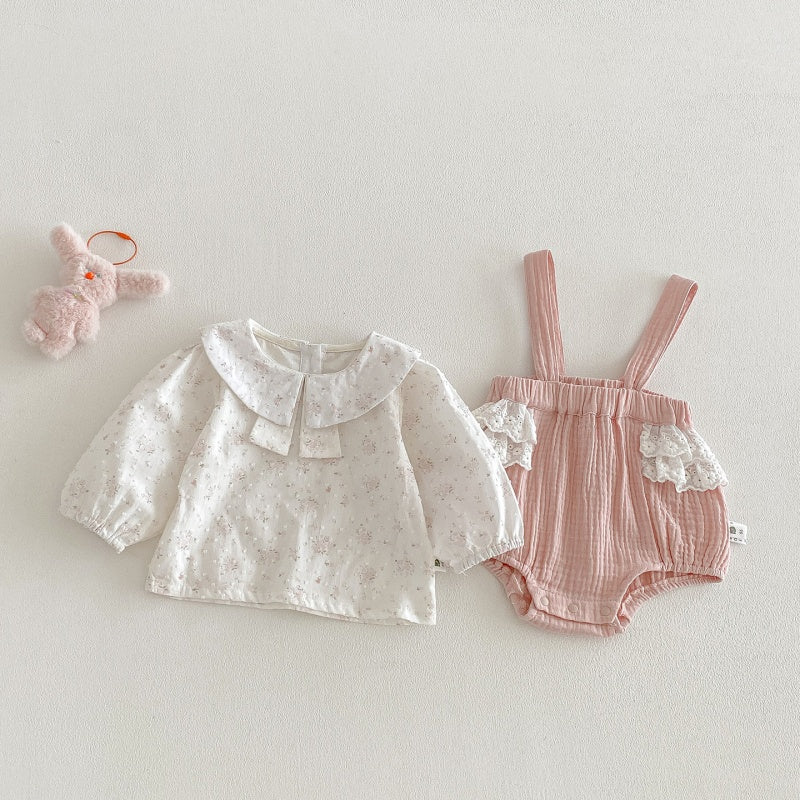 【BABY】ダブルガーゼサロペットロンパース＆小花柄シャツSK104204