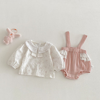 【BABY】ダブルガーゼサロペットロンパース＆小花柄シャツSK104204