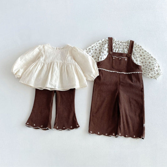 【BABY&KID】パフスリーブシャツ、刺繍サロペット、フレアパンツSK107213
