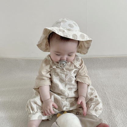【BABY】夏新作 チェックorドットサロペットロンパース＆ライオンプリントTシャツ＆帽子3点セットSK010207