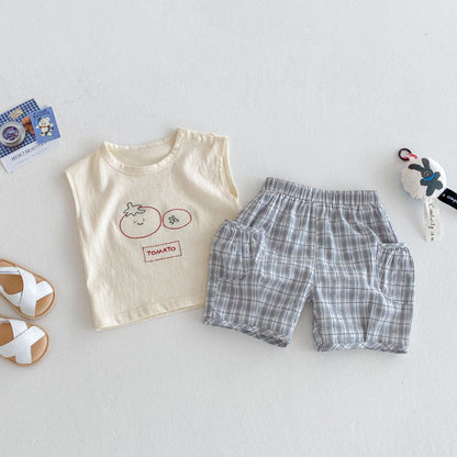 【BABY&KID】夏新作 Tomatoノースリーブ、チェックパンツSK080613