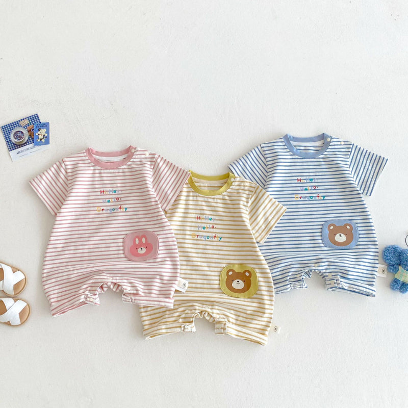 【BABY】夏新作 ストライプワッペンロンパースSK070121