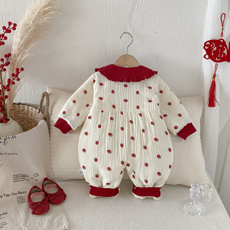 【BABY】冬新作大きなリボン付きいちご裏起毛カバーオールSK102711