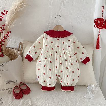 【BABY】冬新作大きなリボン付きいちご裏起毛カバーオールSK102711