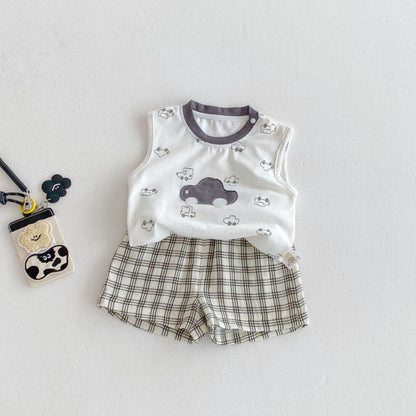 【BABY&KID】夏新作 車ロゴノースリーブ、チェックパンツSK080612