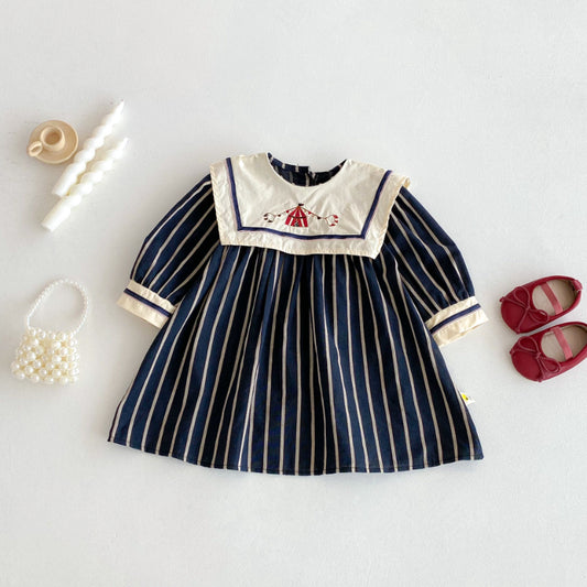 【BABY&KID】レトロ刺繍ストライプワンピースSK092325